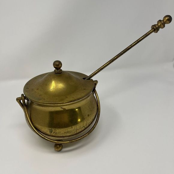 Vintage Solid Brass 3 Footed Fireplace Smudge Pot with Lid - Picture 2 of 8